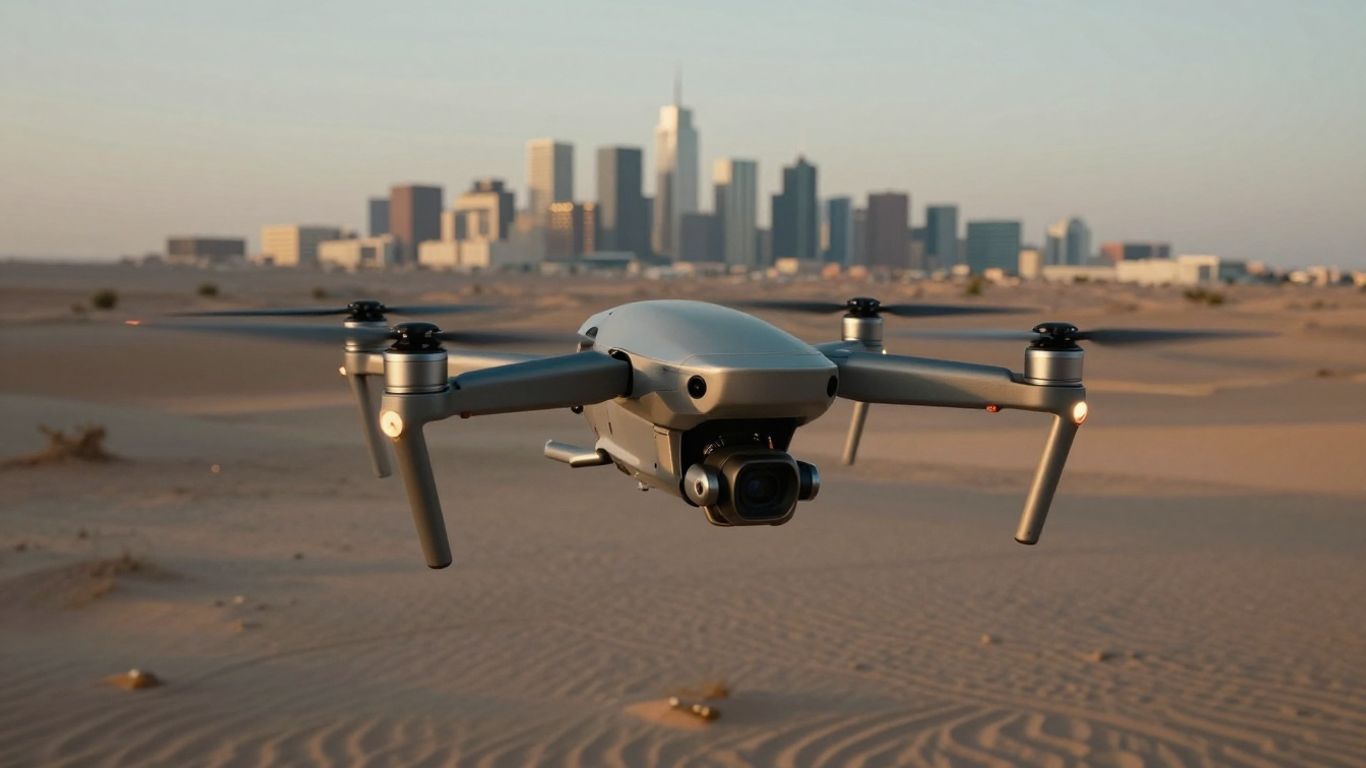 Advanced drone flying over desert with city skyline.