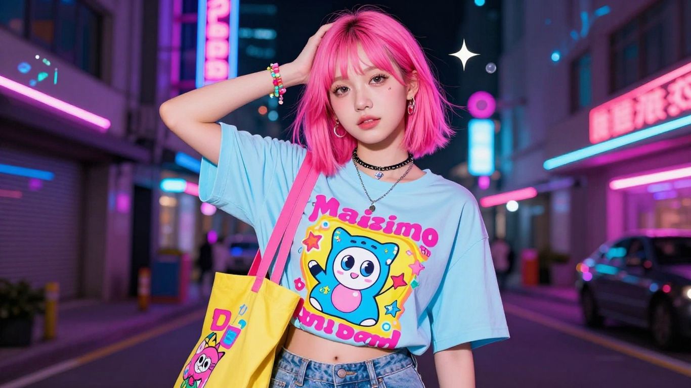 Teen girl in Y2K graphic tee, vibrant and retro.