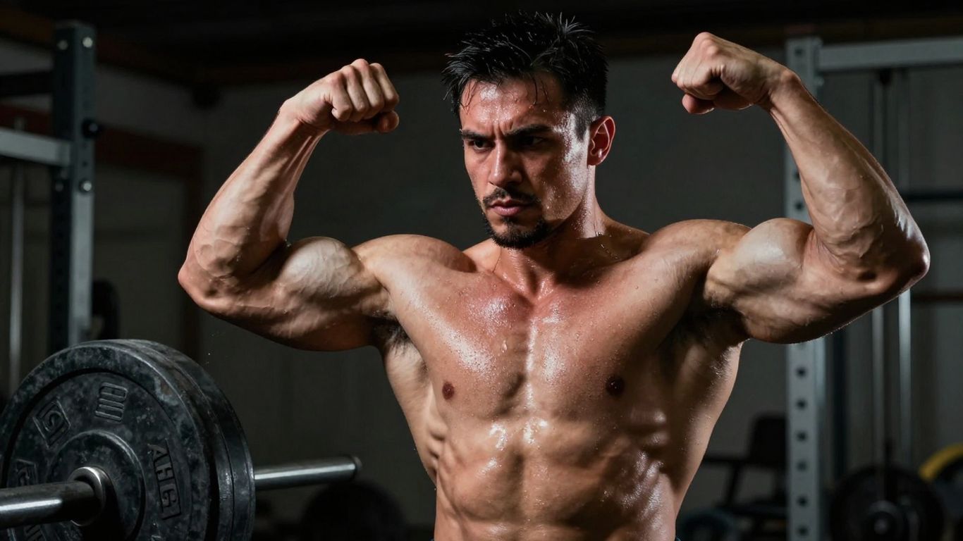 Powerlifter flexing muscles with weight plate in gym.