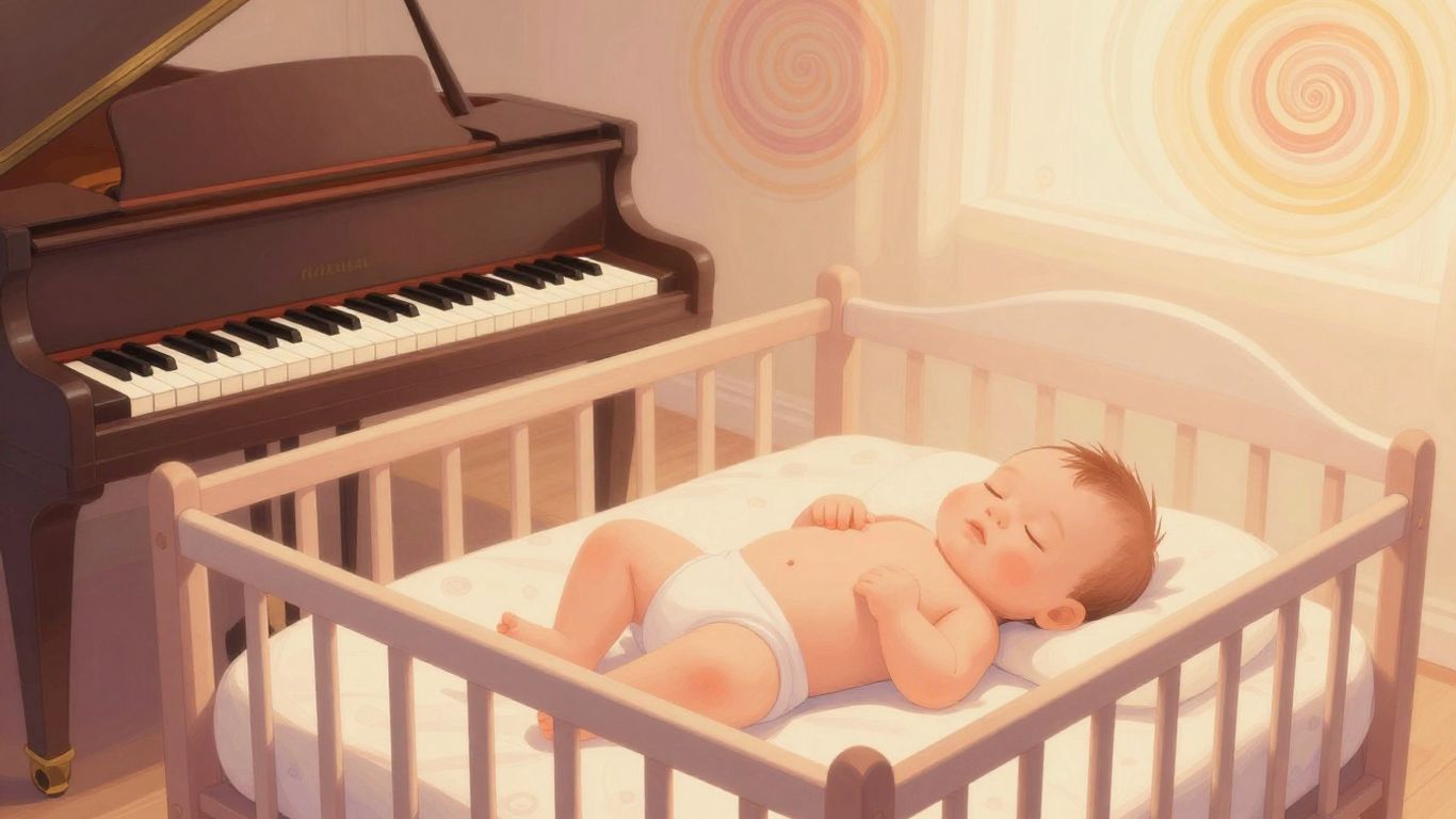 Bebé durmiendo plácidamente con música de piano suave.