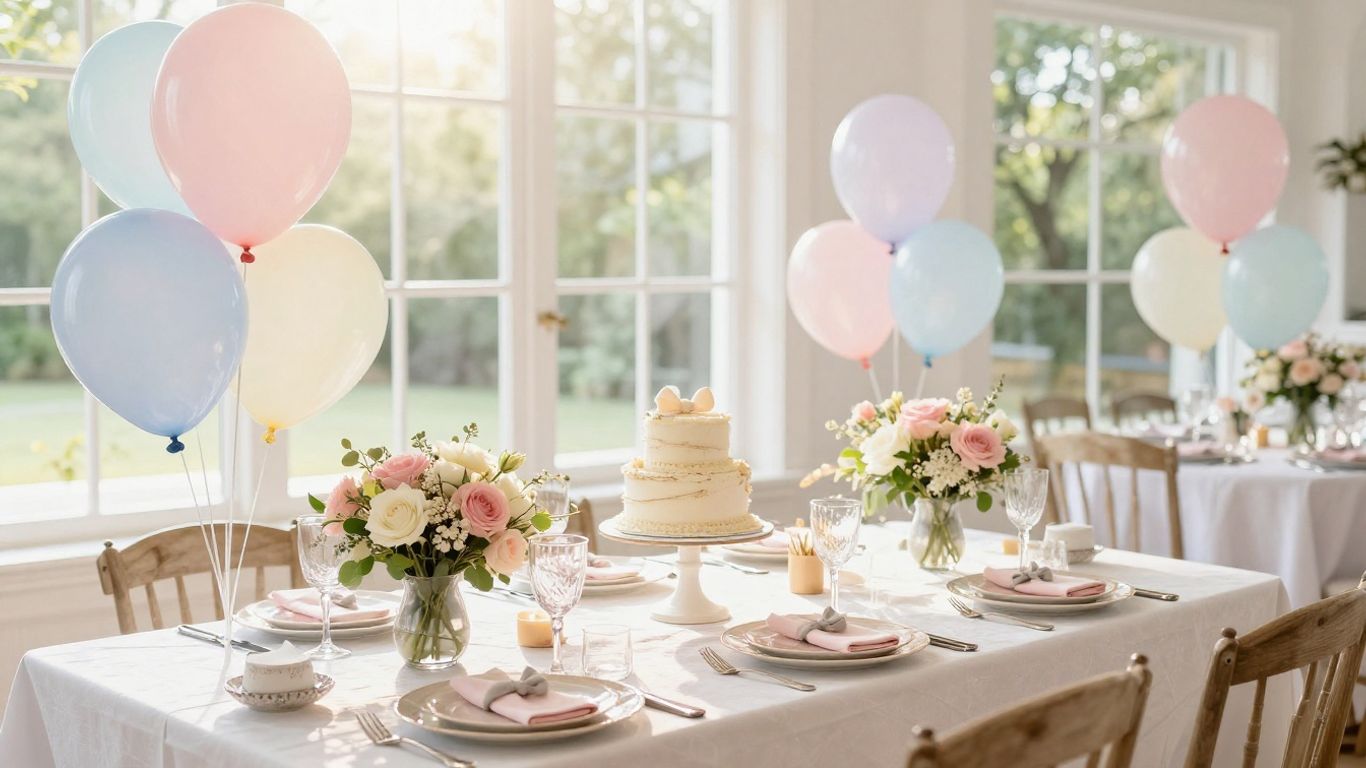 Elegant baby shower venue in Addison, TX with balloons and flowers.