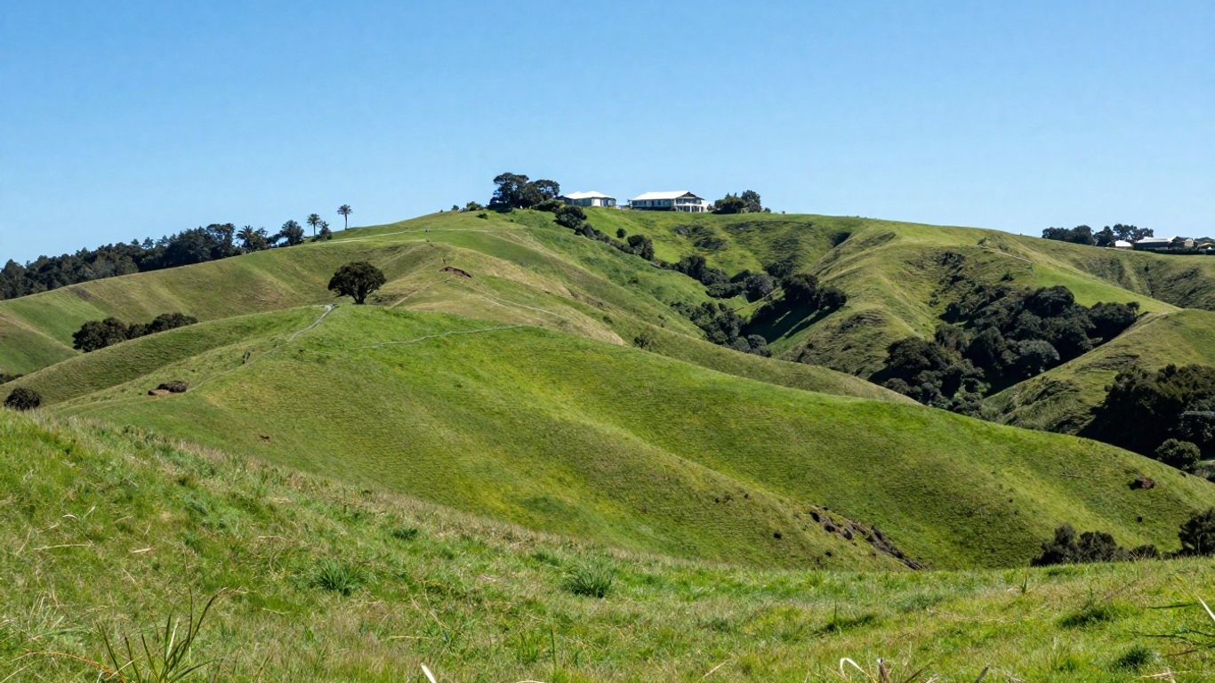 New Zealand landscape with house and green hills.