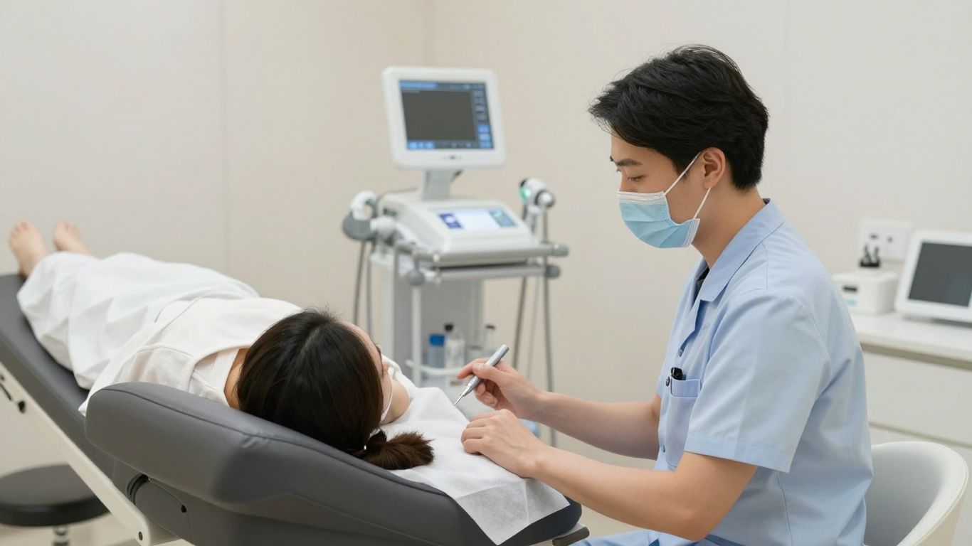 Medical cosmetic clinic interior with practitioner and client