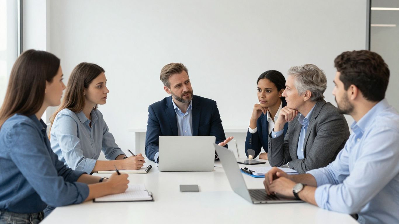 Fachleute im Büro, die sich über Versicherungsbranche austauschen.