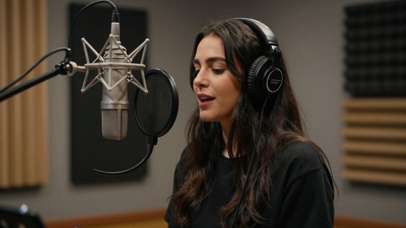 Woman singing into microphone in home studio.