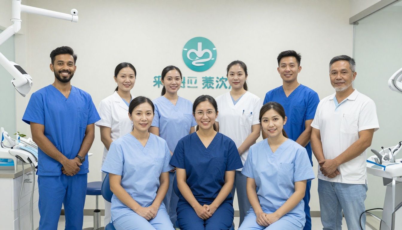 A friendly dental team posing for a professional group photo in their modern clinic