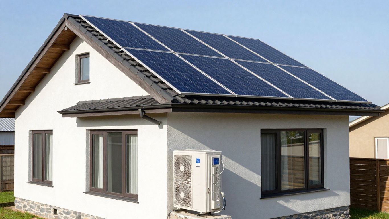 House with heat pump and solar panels.