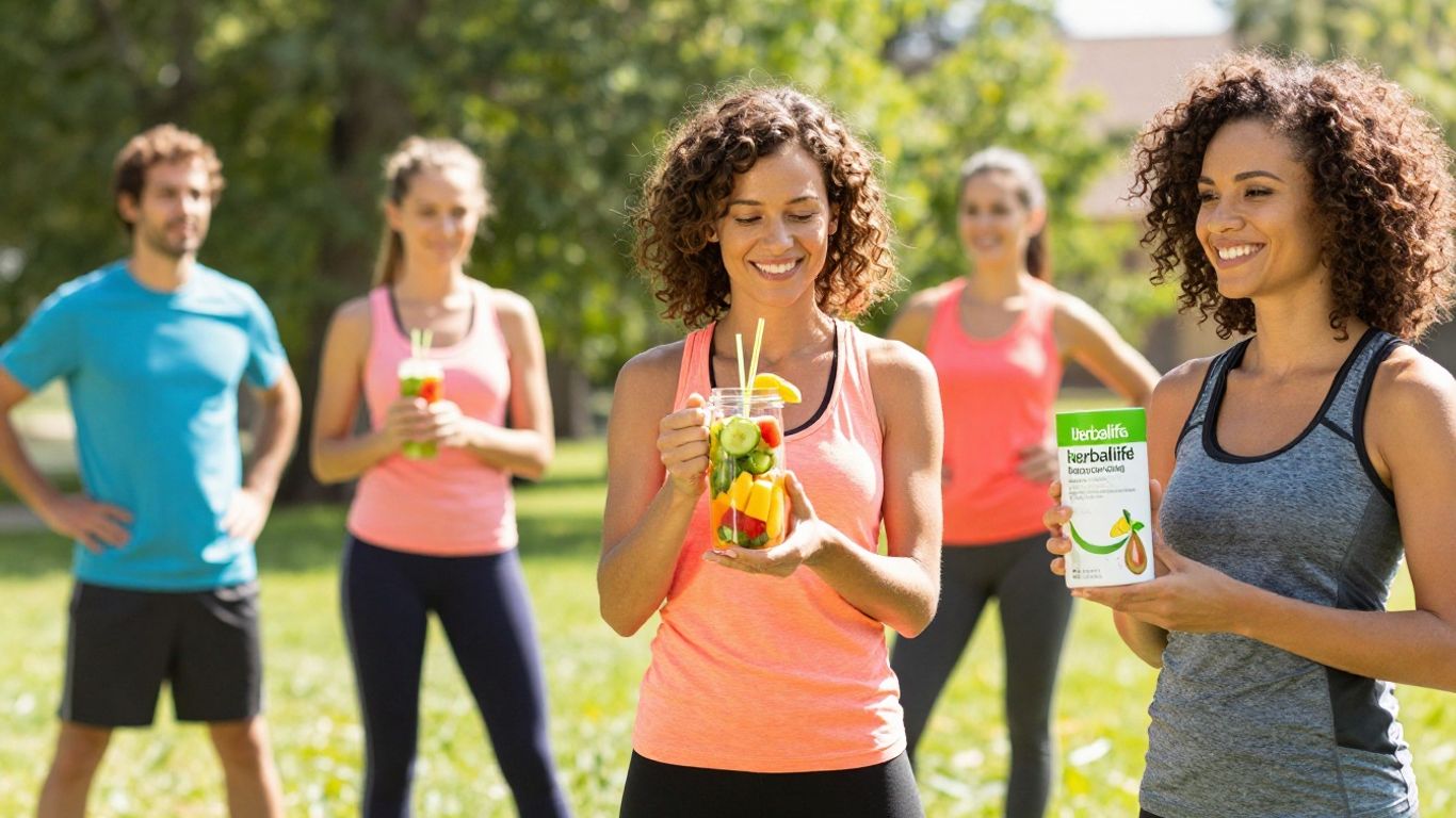 People enjoying healthy activities and Herbalife products.