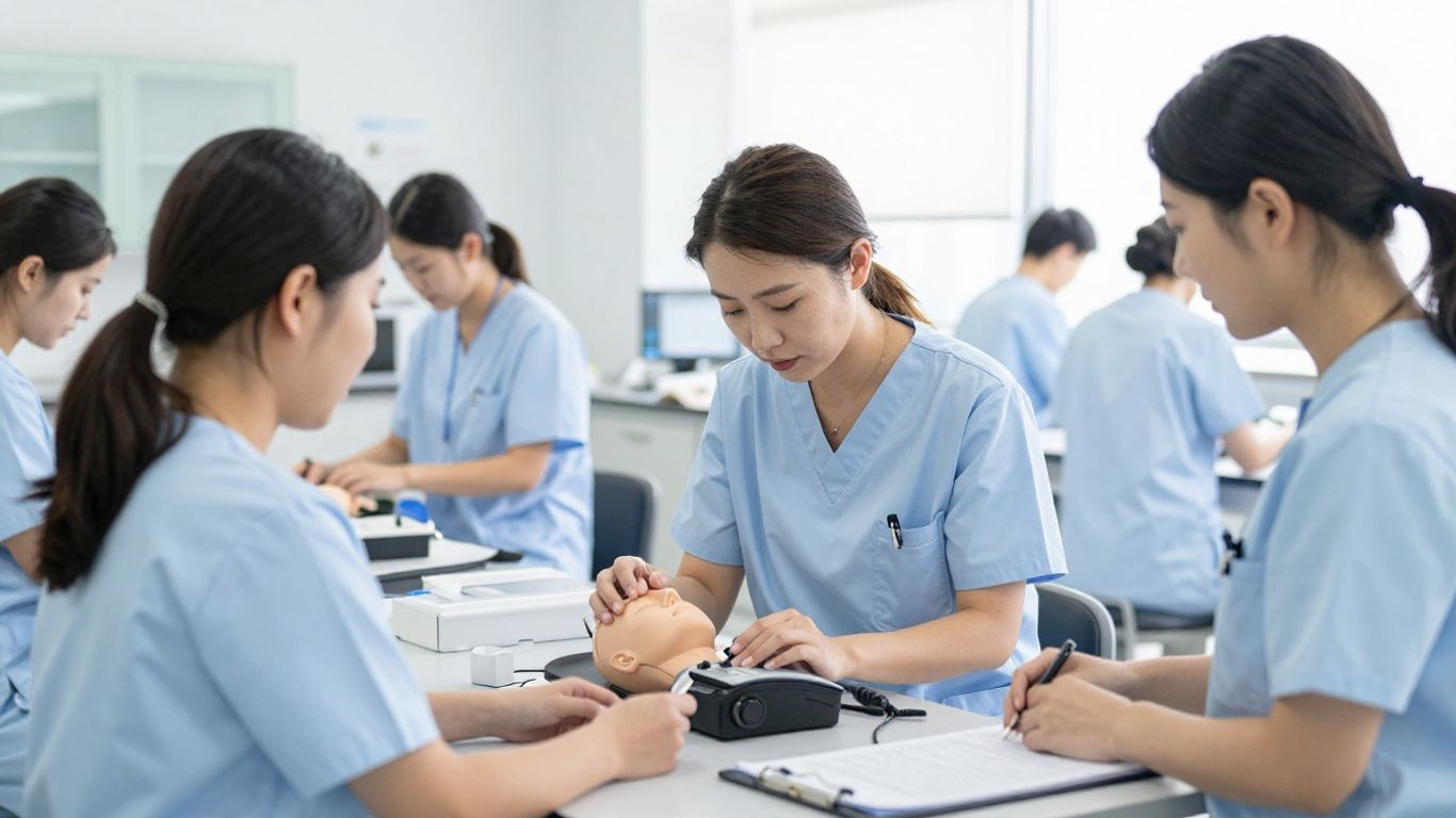 Students practicing patient care skills in a training lab