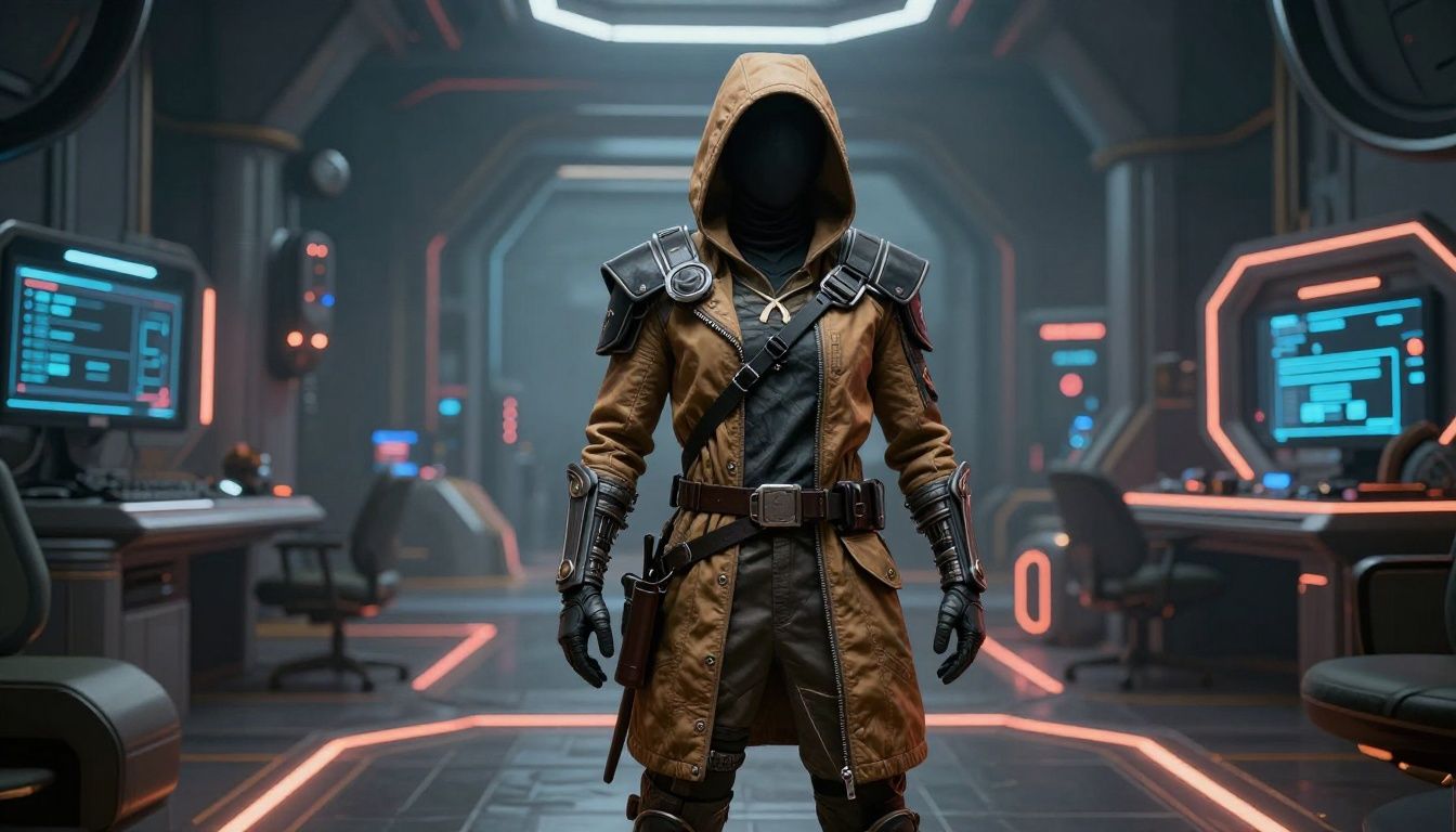 Personagem do Free Fire com traje épico em um cenário de batalha futurista