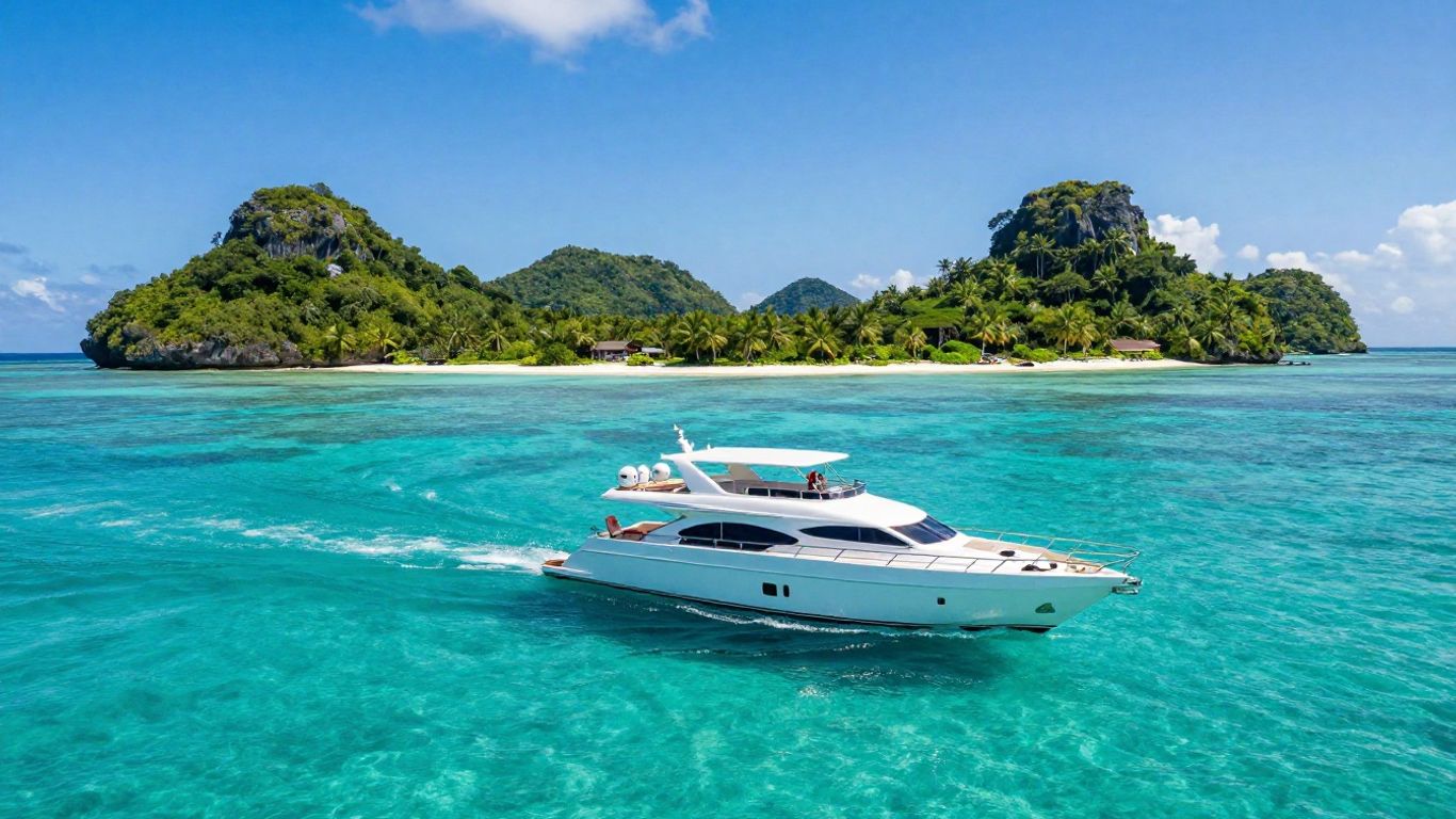 Yacht sailing in US Virgin Islands turquoise waters.