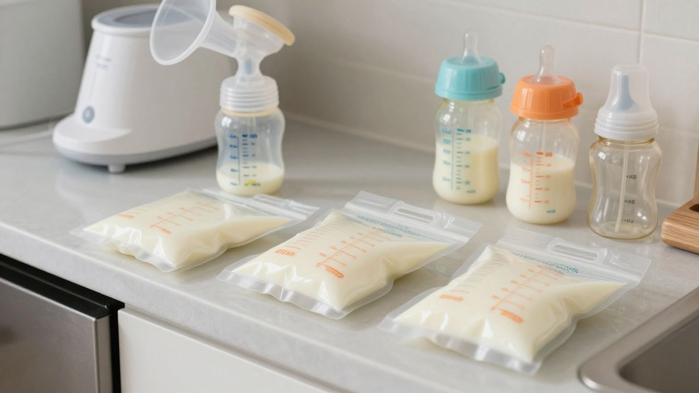 Breast milk bags, pump, and bottles on a counter.