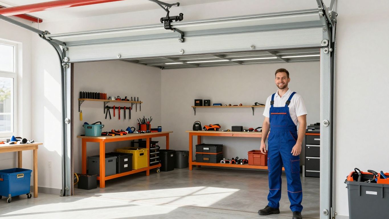 Technician opening a modern garage door, professional workshop.