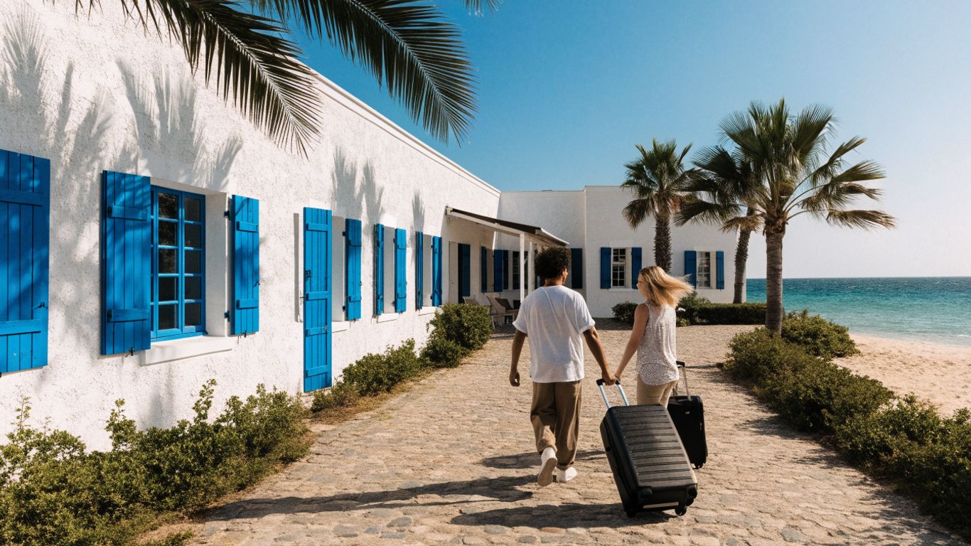 A couple arriving at a sunlit coastal hotel