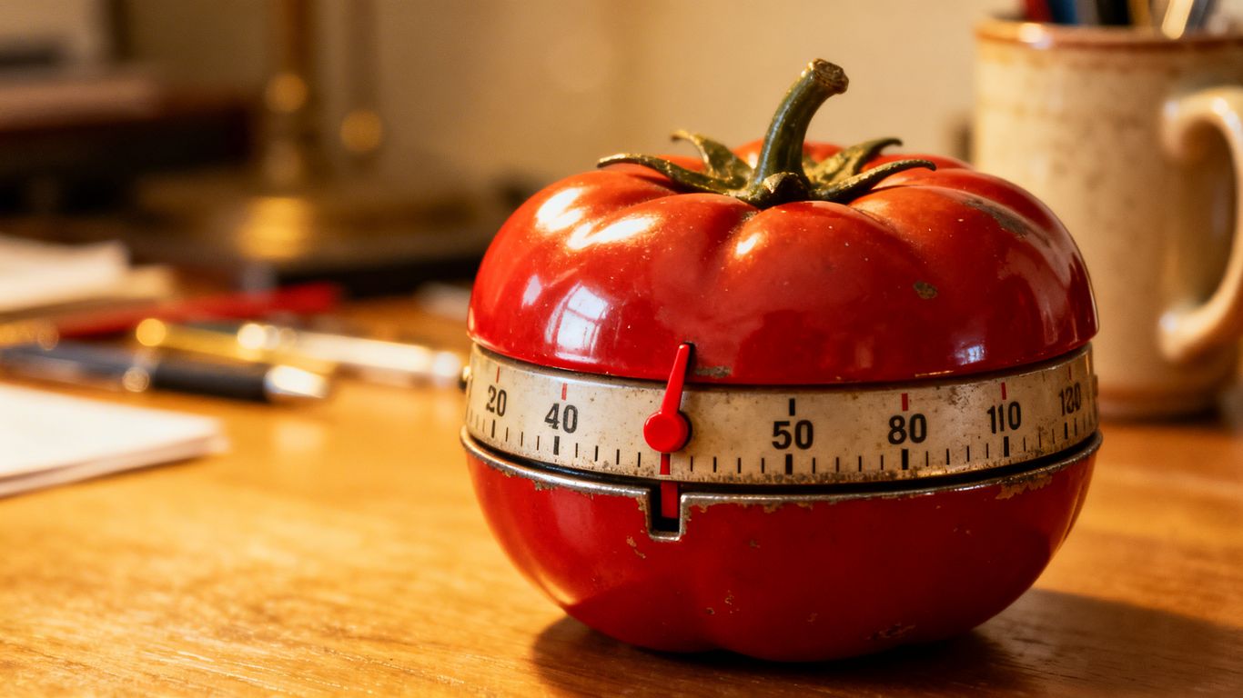 Tomato timer on a blurred desk background.