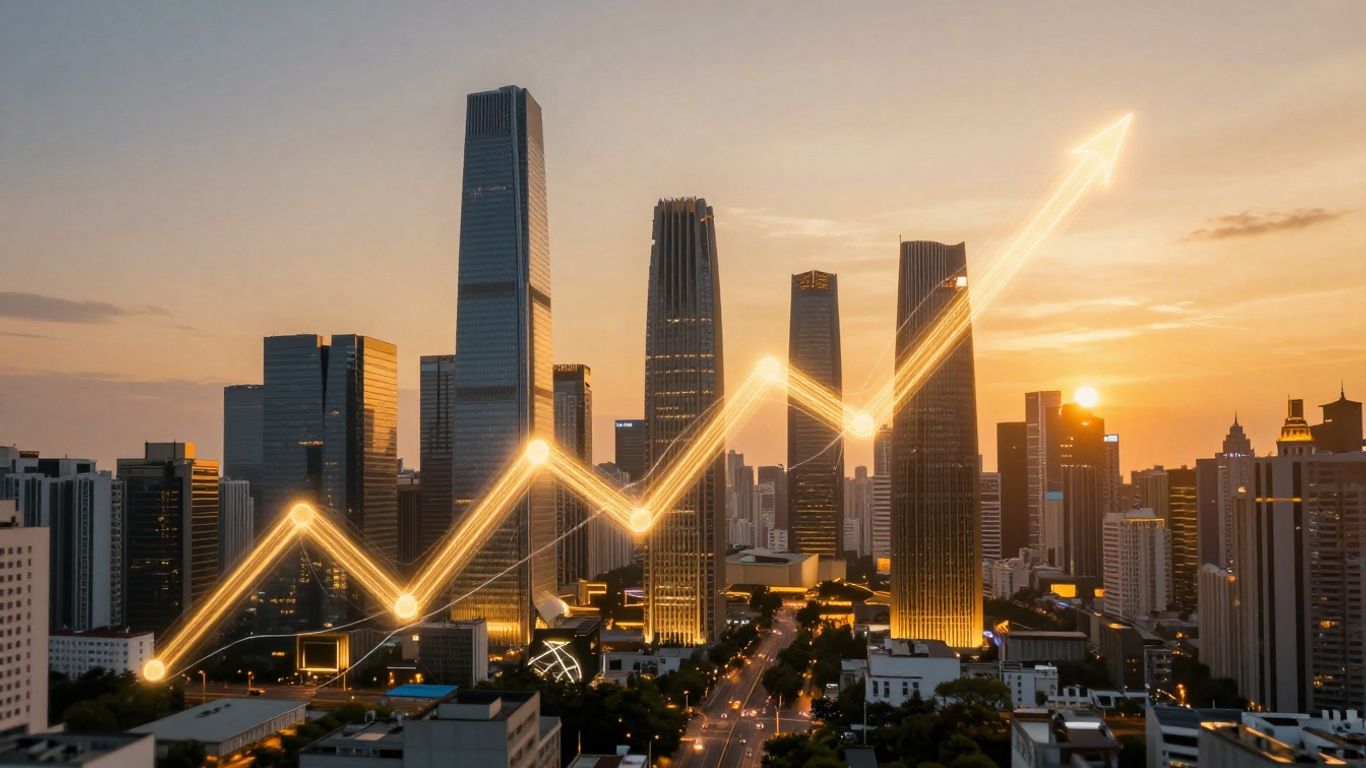 Financial cityscape with glowing lines.