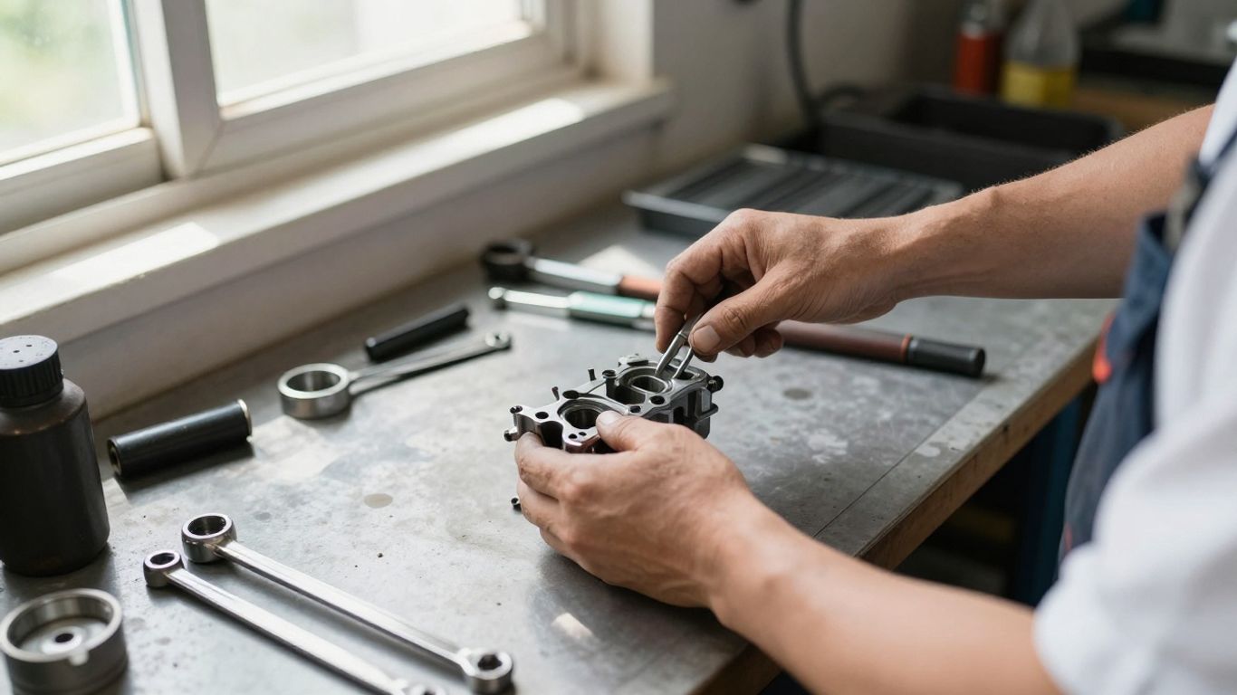 Mechanic working on a car engine in a workshop.