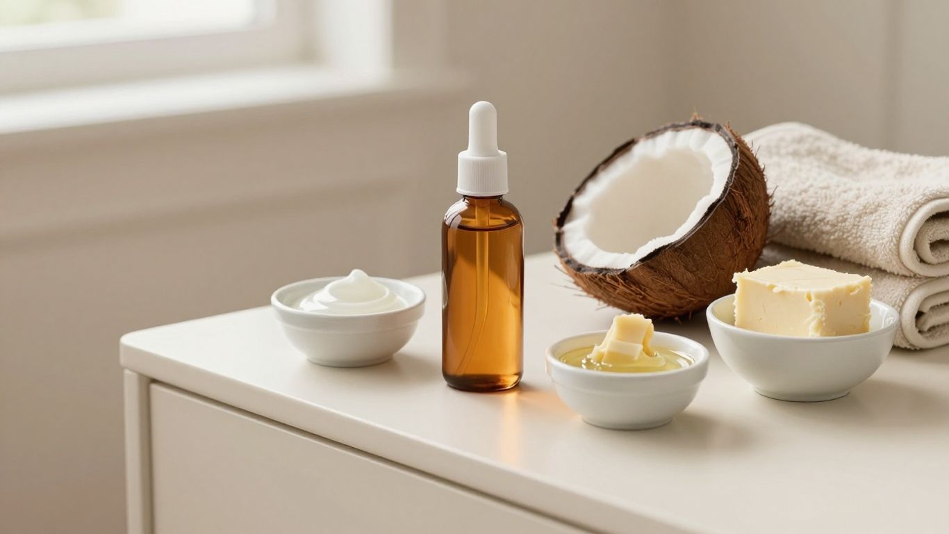 Amber oil lubricant bottle beside soft cotton towels