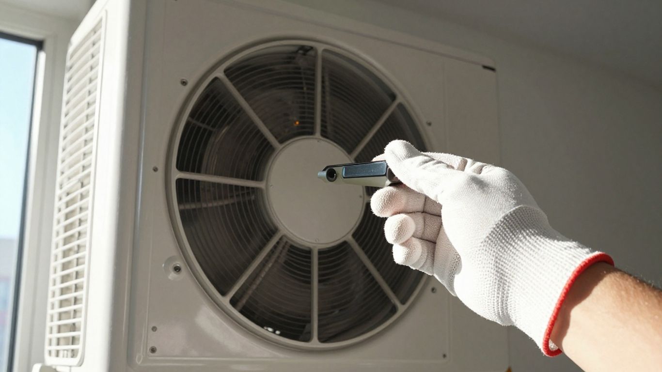 Air conditioner repair technician inspecting internal components.