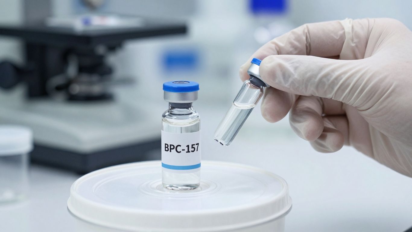 BPC-157 vial in sterile storage, laboratory setting.