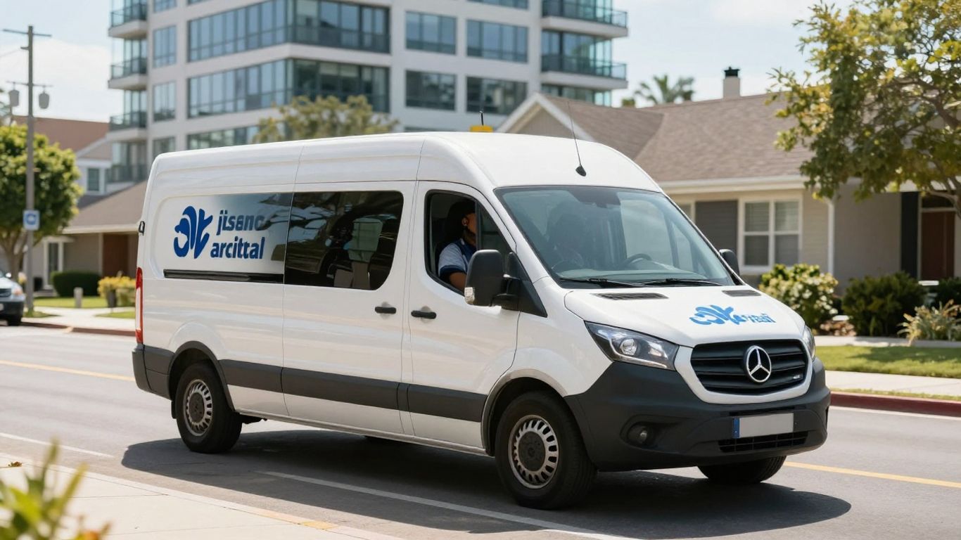 Field technician driving service van on suburban street.