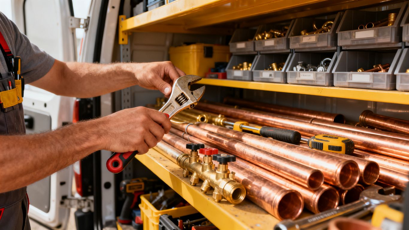 Plumber organizing parts inside a van