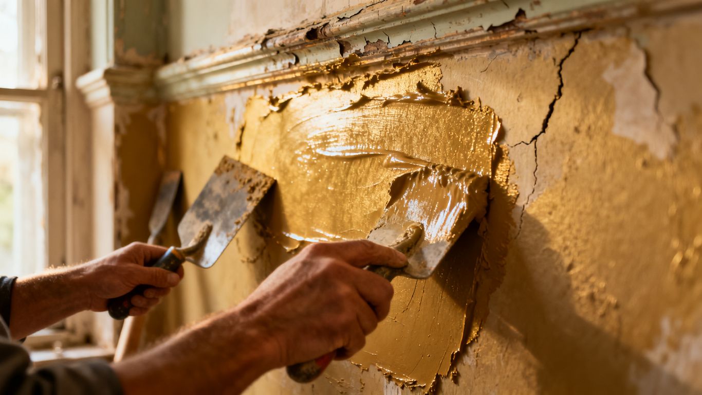 Hands repairing plaster in a historic home.