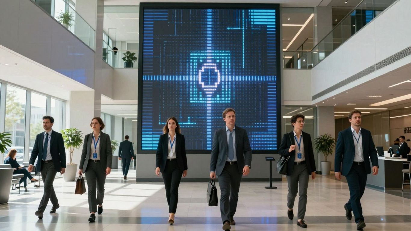 Bank interior with digital security display and concerned patrons.