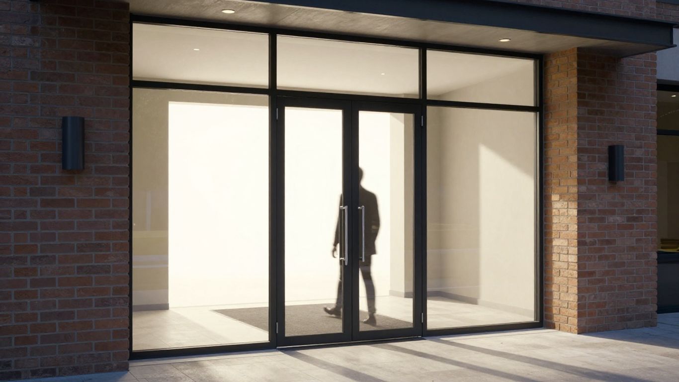 Automatic pedestrian door at a UK building entrance.