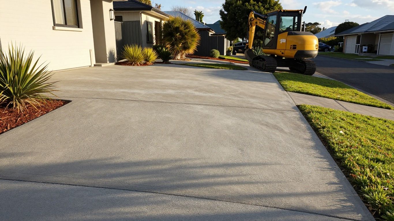 Fresh concrete driveway beside a Tauranga home