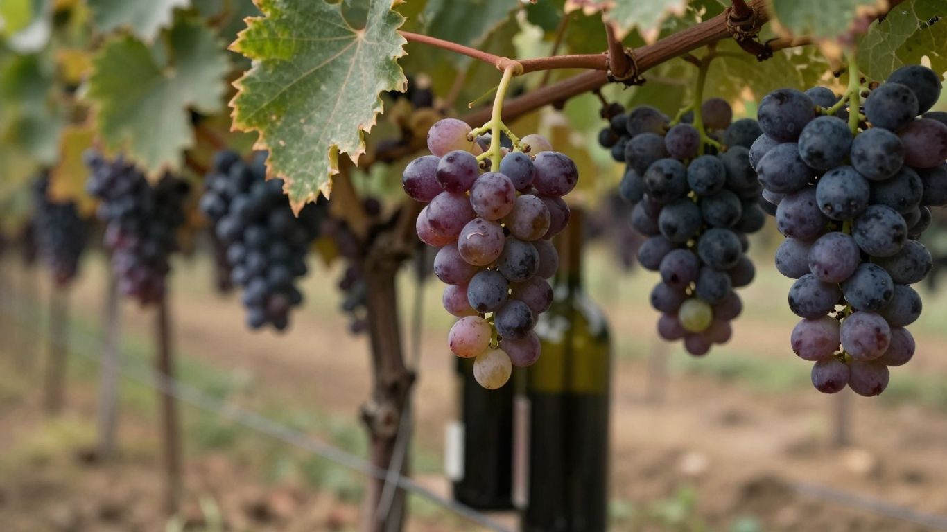Garrafas de vinho envelhecendo em adega com uvas ao fundo.