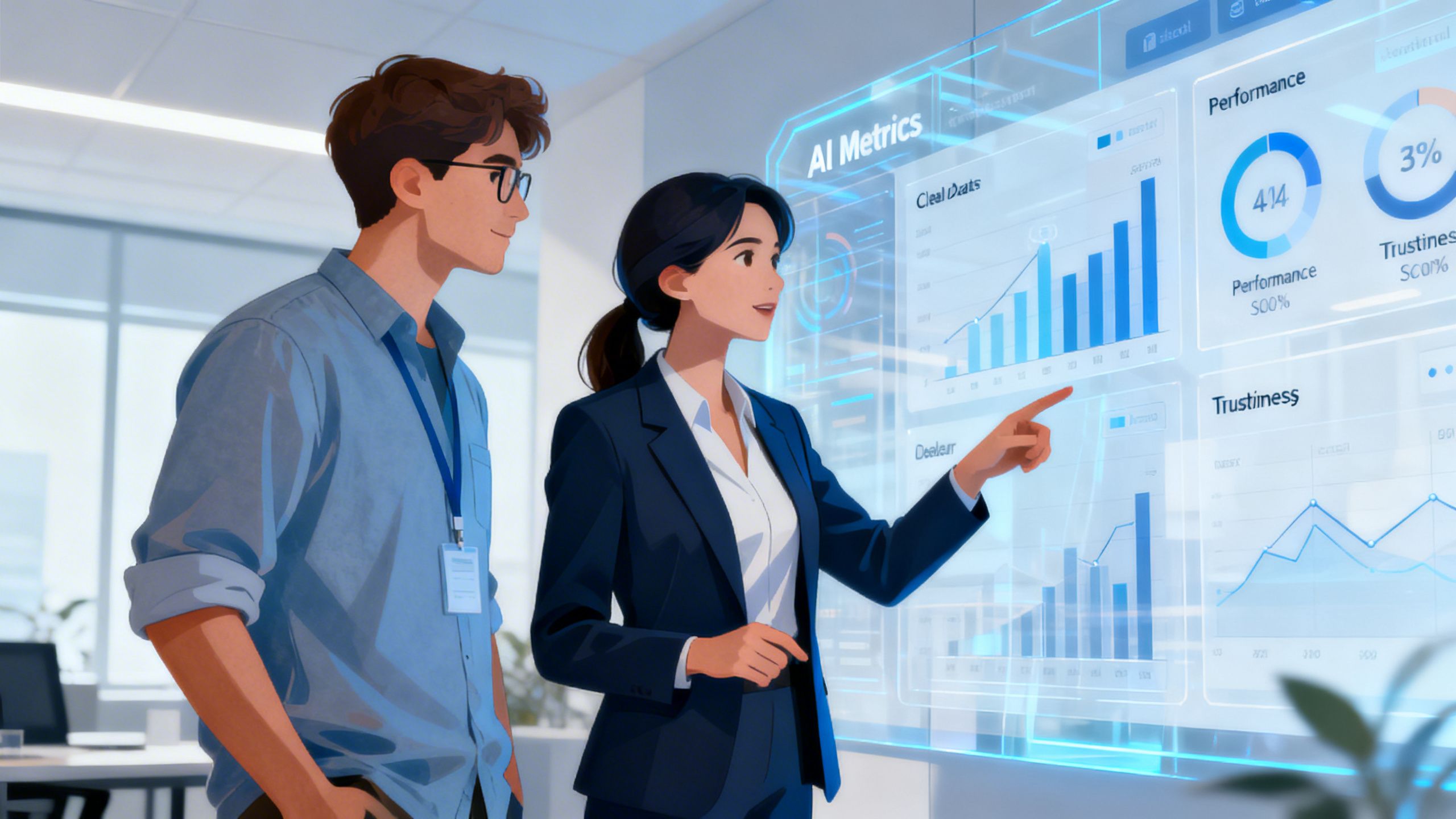 A developer and a business analyst collaborating in front of a dashboard with transparent AI metrics, representing the implementation of trusted AI.