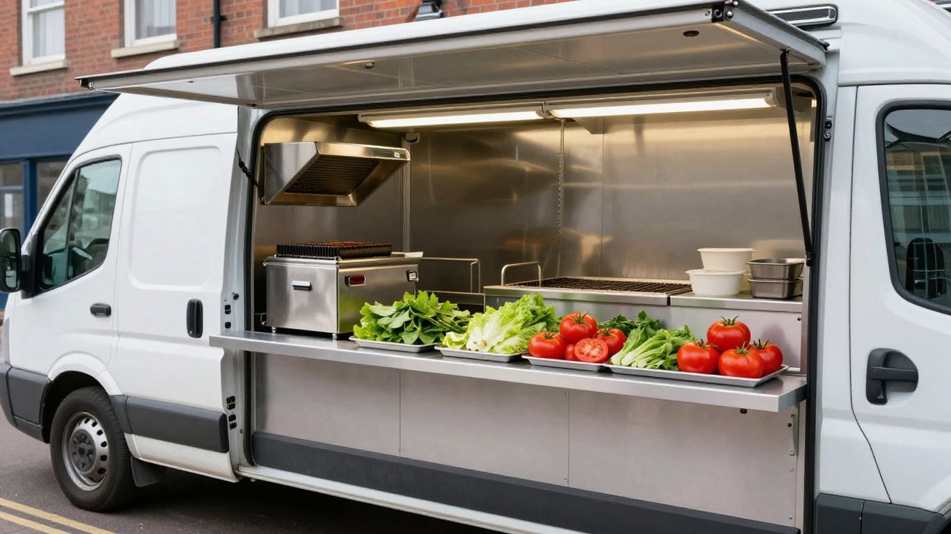 Burger van with cooking equipment and fresh ingredients.