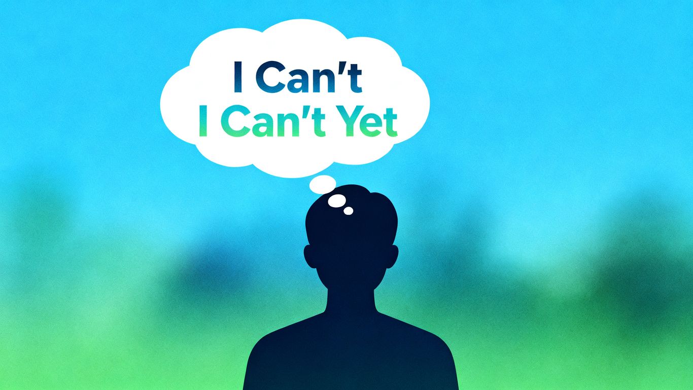 Silhouette transforming 'I Can't' to 'I Can't Yet' in thought bubble.