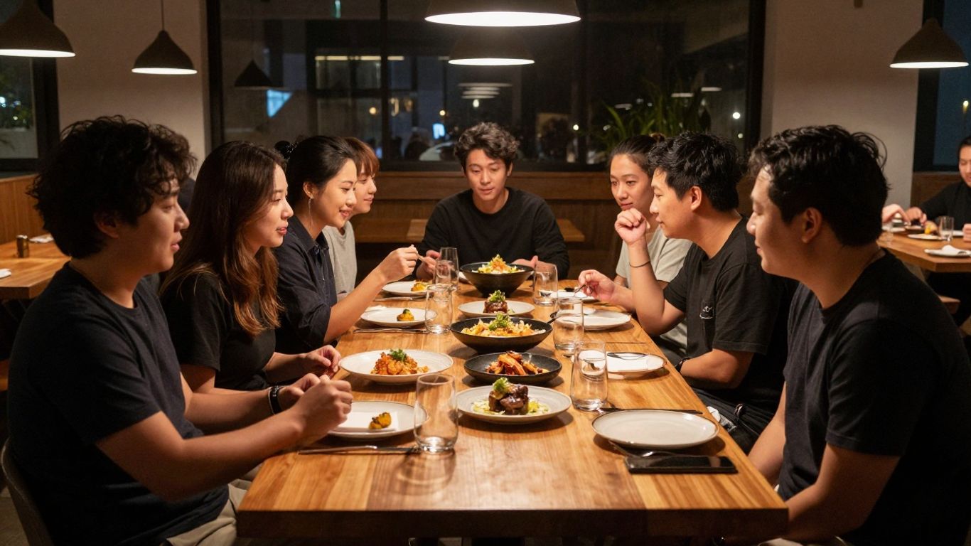 Friends enjoying dinner in a warm Melbourne restaurant