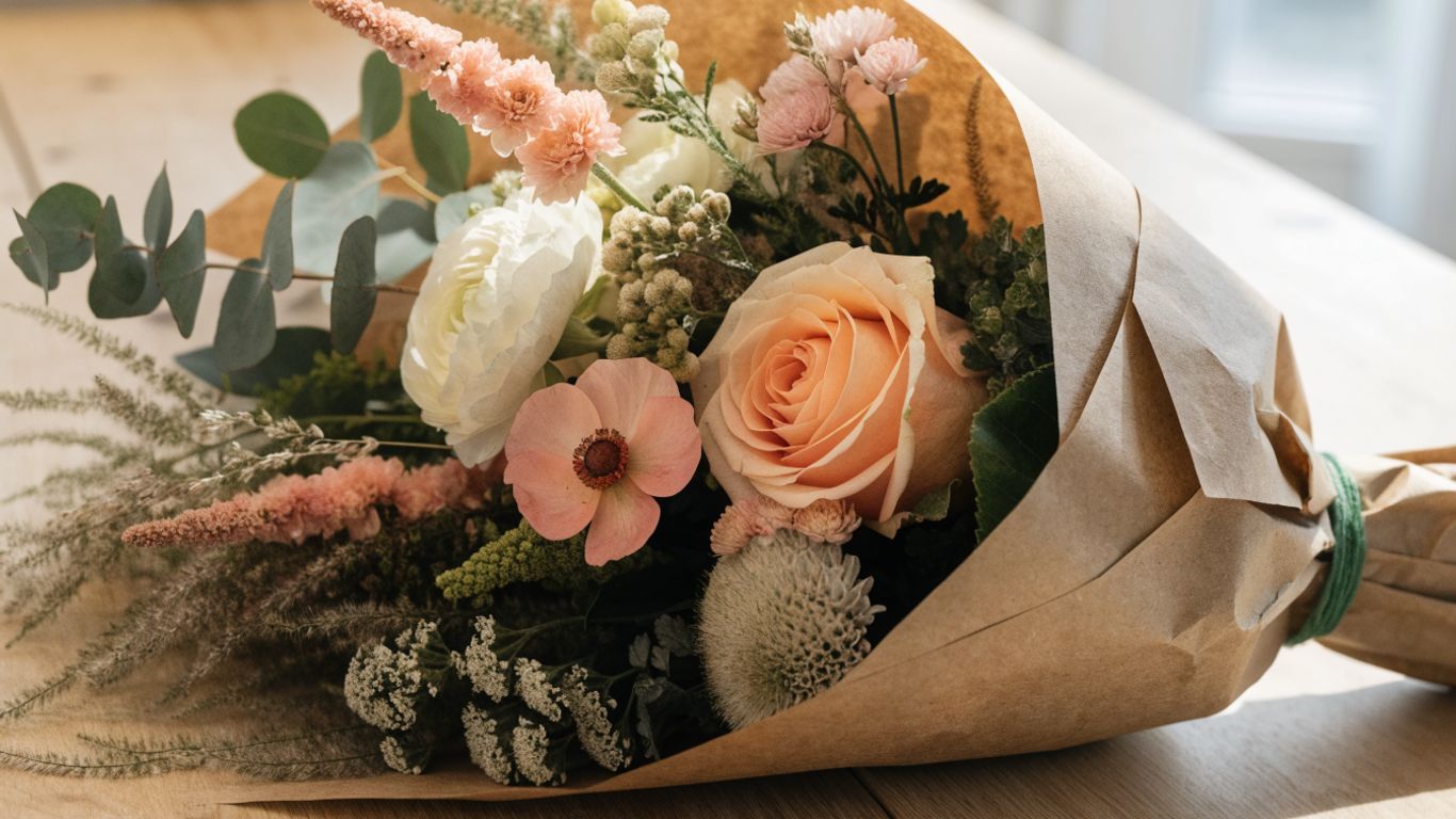 A full birthday bouquet wrapped in natural paper