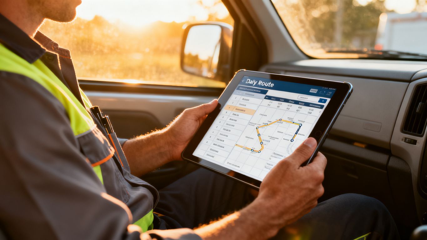 Technician operating tablet in field service vehicle