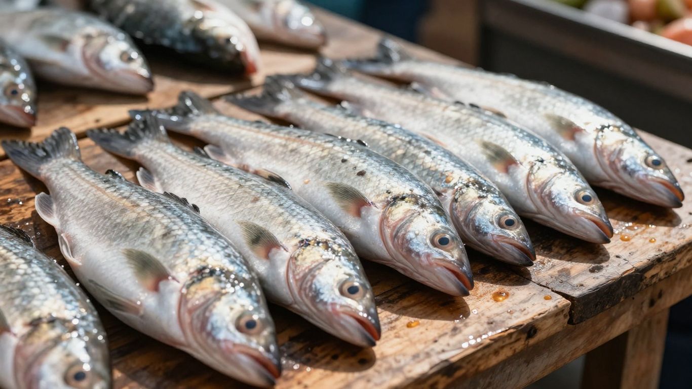 Freshly caught fish from Plymouth Fisheries glistening on a wooden surface.