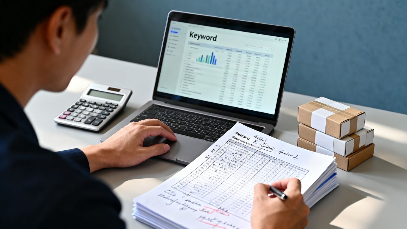 Keyword data review on laptop with Amazon product packaging