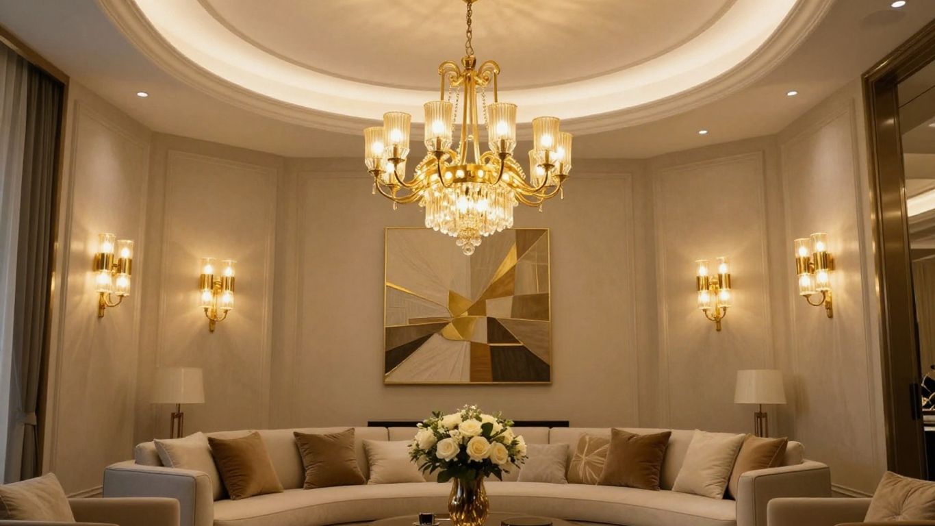 Elegant gold ceiling light fixture and wall sconces in a room.