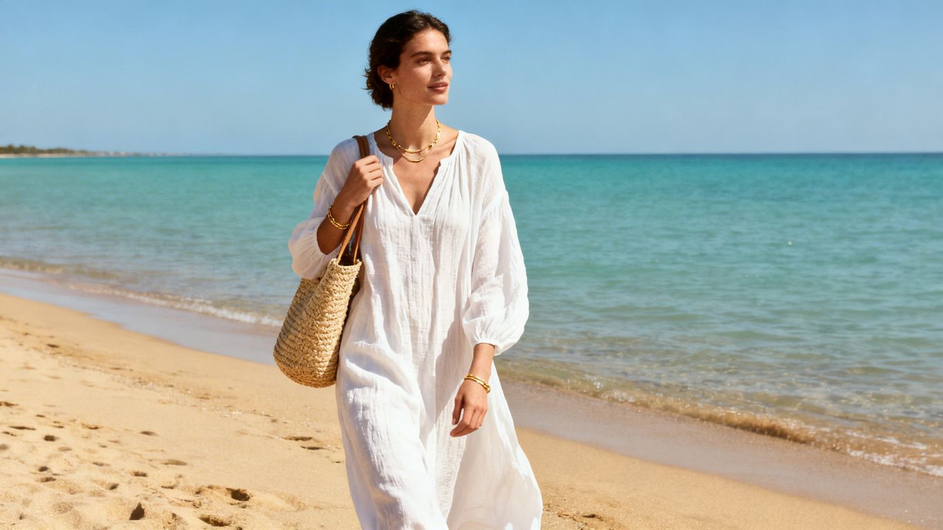 Woman in white linen dress on beach, summer fashion