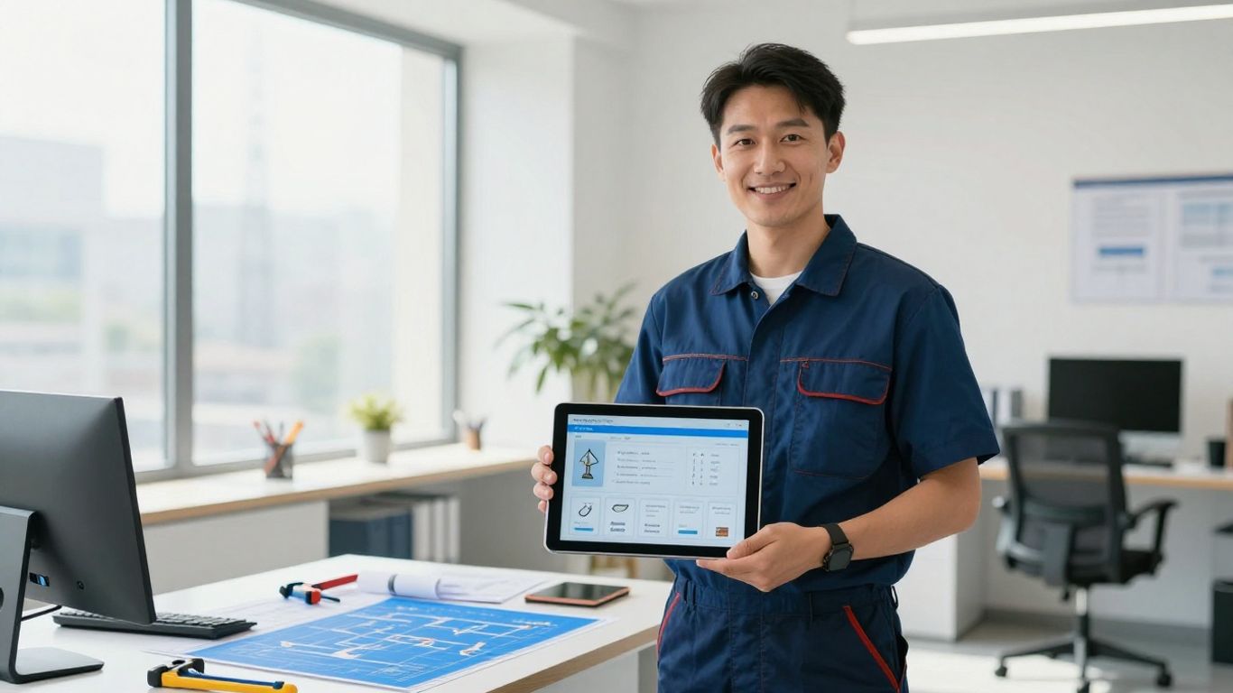 Plumber using software on a tablet in an office.