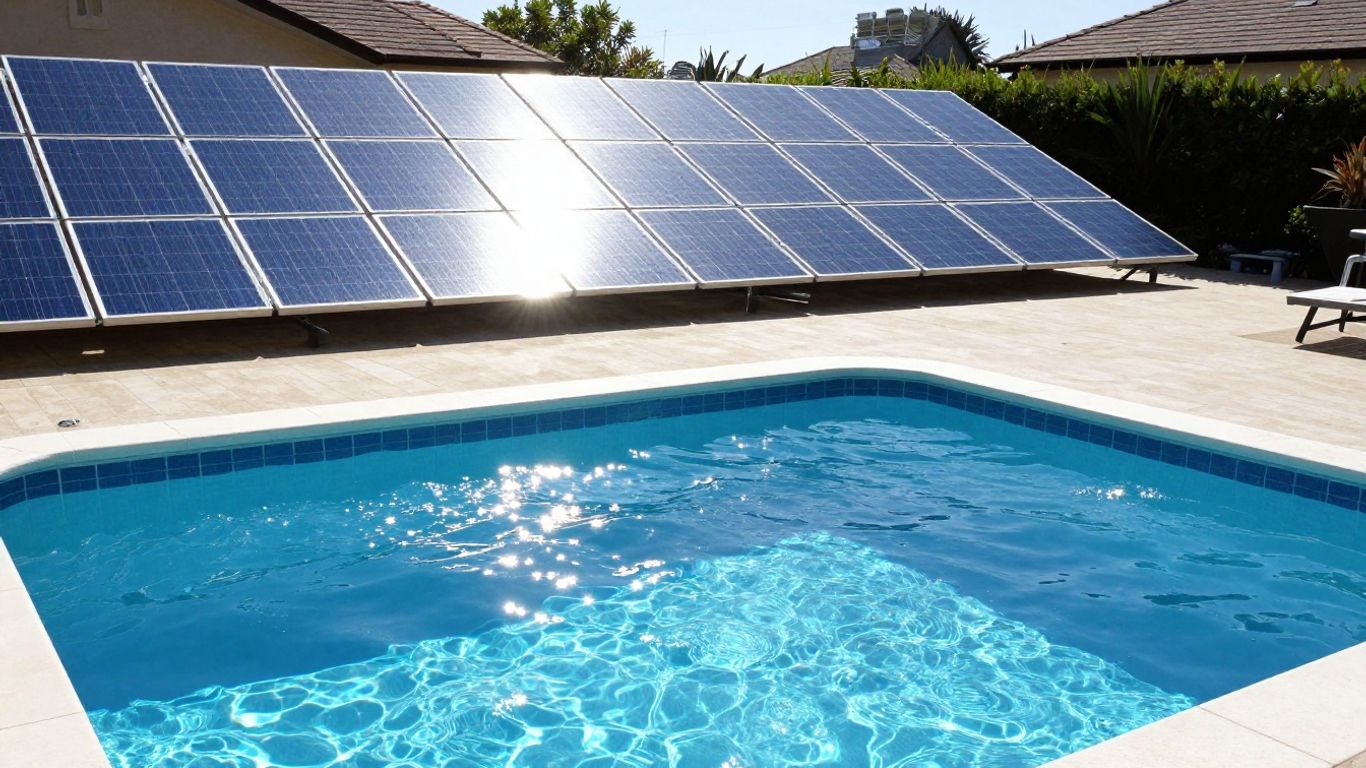 Panneaux solaires chauffant une piscine sous le soleil.