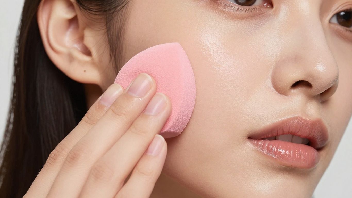 A hand gently stippling a damp beauty sponge against a model's cheek, showing a fresh and dewy base.