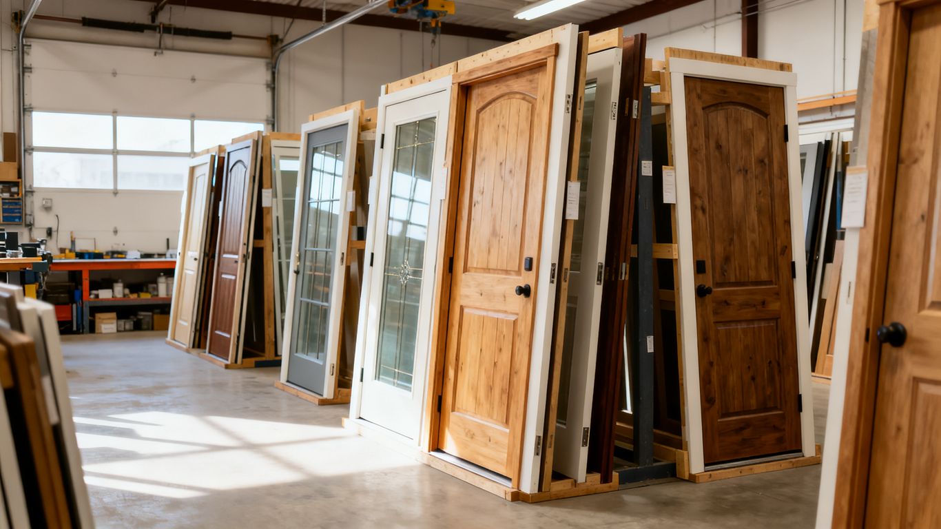 A clean workshop containing various wooden door samples