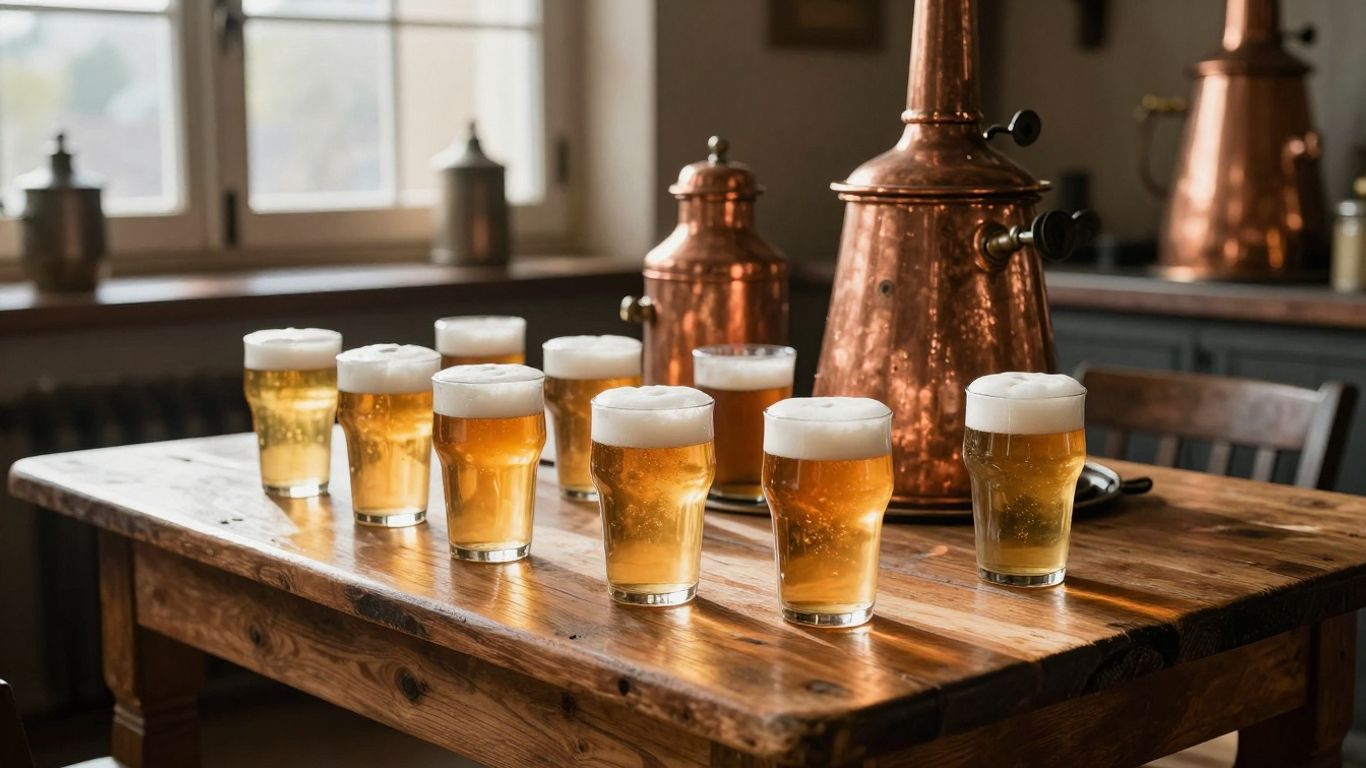 Glasses of frothy beer in a historic French brewery.