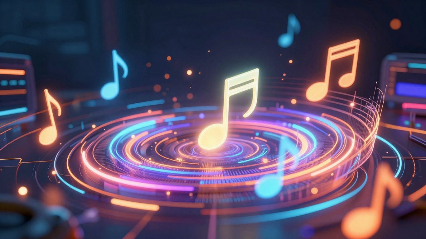 AI music video creation interface with glowing notes.