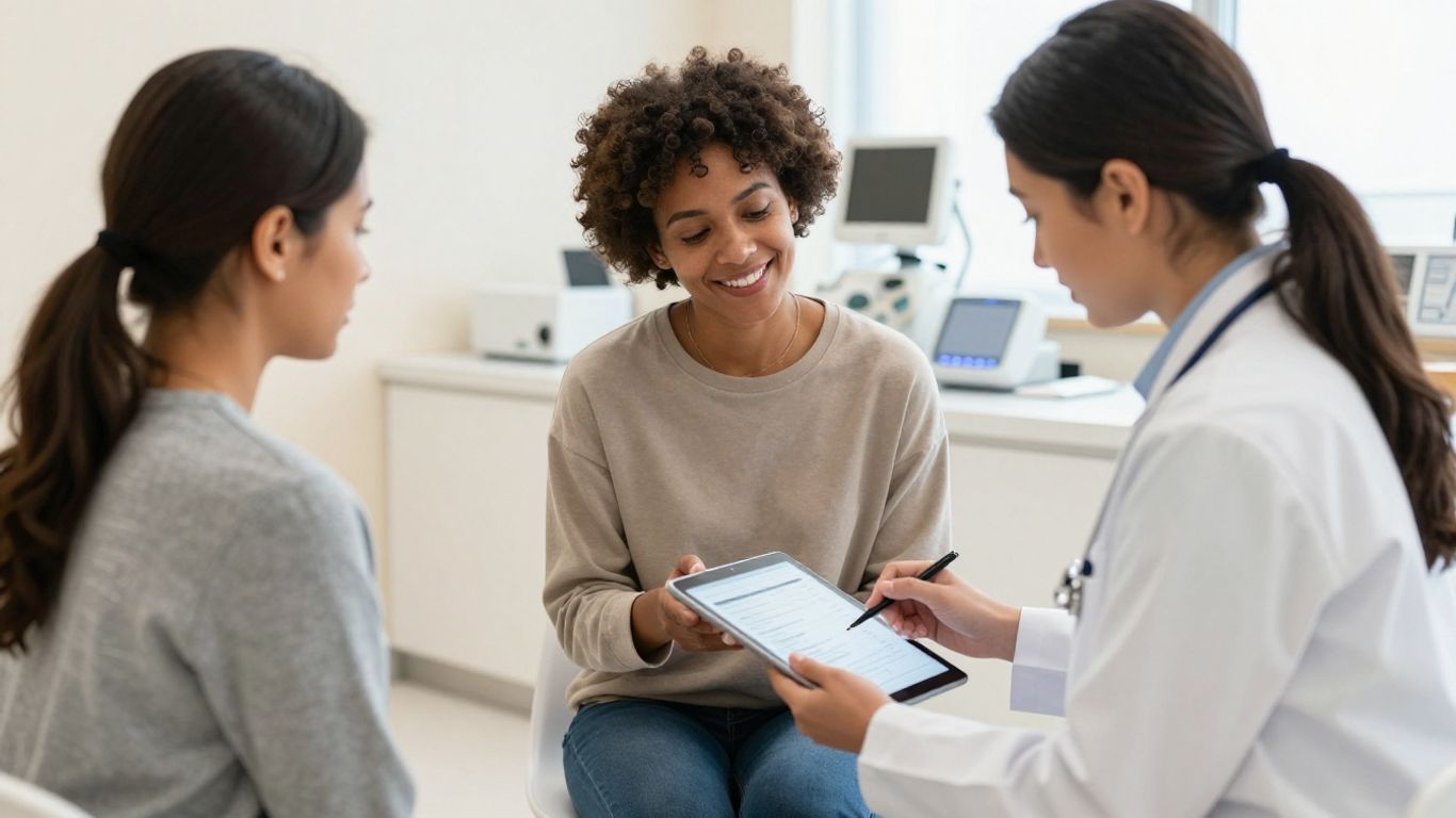 Patient reviewing laboratory service costs with clinician