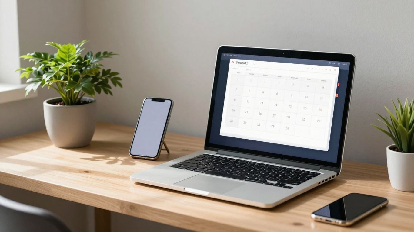 Small business scheduling software interface on a laptop.