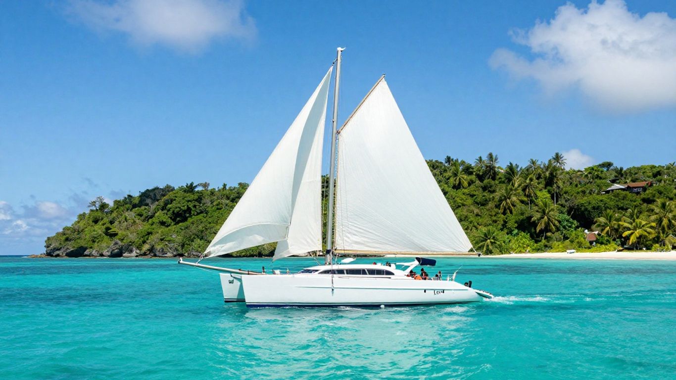 Catamaran sailing in Belize's clear turquoise waters.
